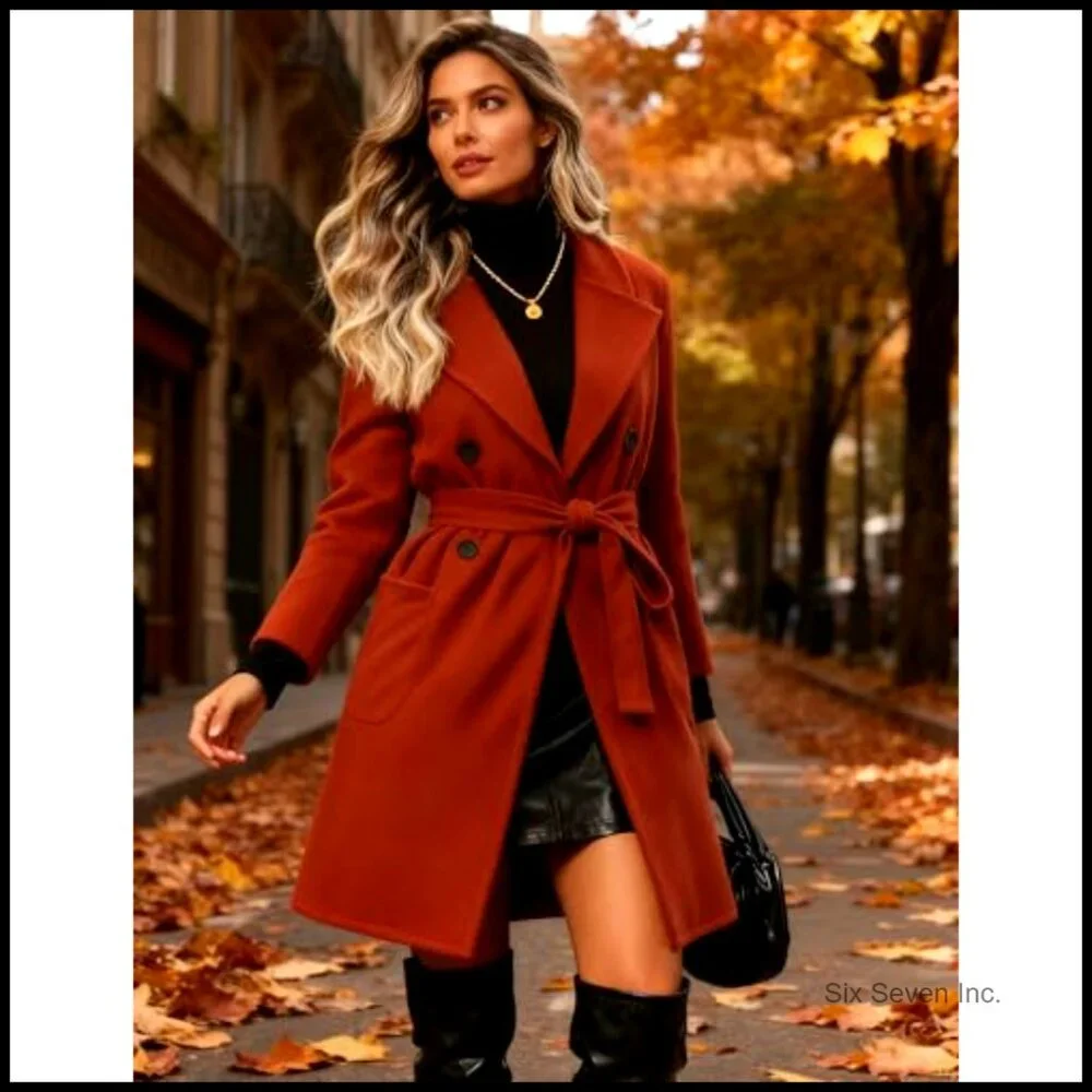 Winter Wool Pea Coat Double Breasted Belted Long Jacket - Picture 7 of 7